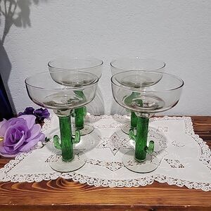 VTG Lot of 4 HAND-BLOWN Glass Green Cactus Stem Margarita Drink from MEXICO Set